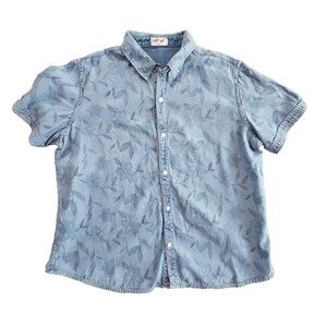 Krazy Kat Shirt Women’s XL (50" Chest) Floral Denim Short Sleeve AOP EUC Blue